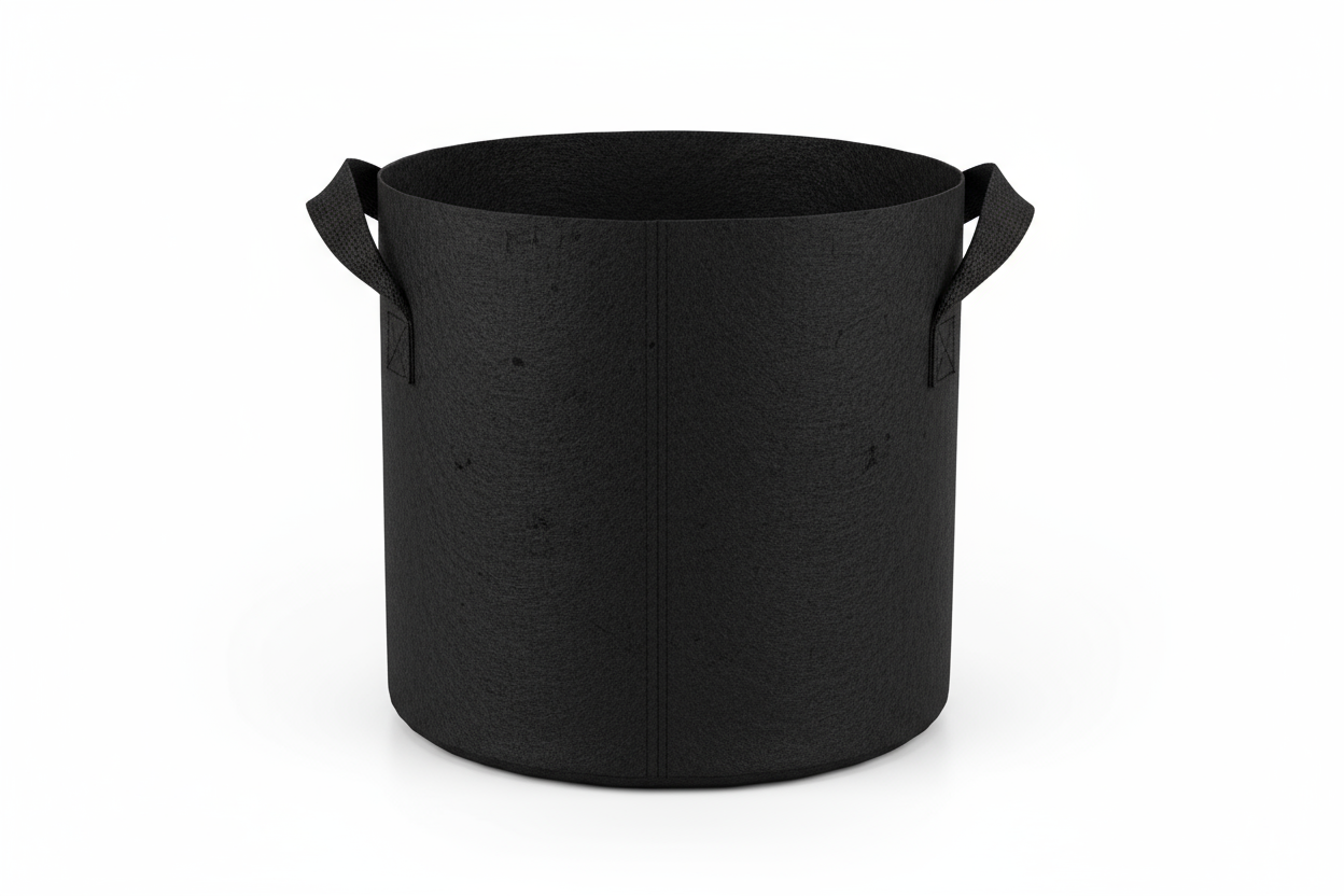 Black fabric pot with handles on a white background