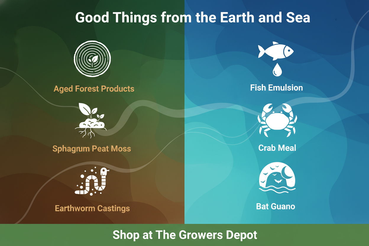 Diagram of good things from the Earth and Sea with icons and text on a green and blue background.