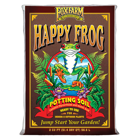A bag of FoxFarm Happy Frog Potting Soil, featuring a cartoon frog against a backdrop of ferns and water lilies. 
