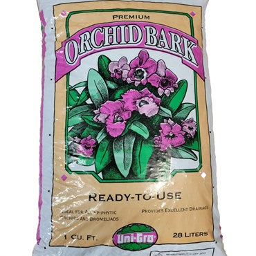 Bag of orchid bark with floral design on a white background