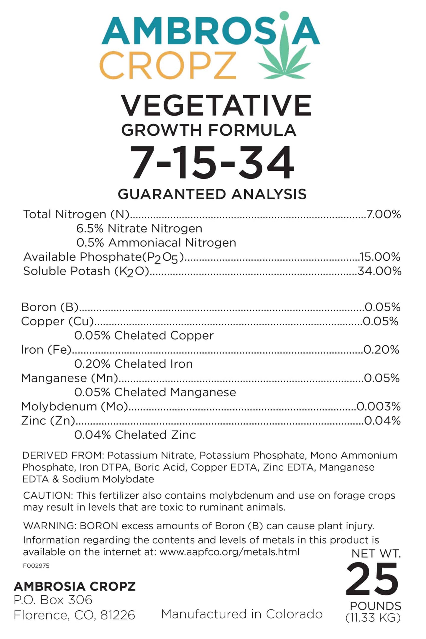 Ambrosia Cropz Vegetative Growth Formula, 25LB